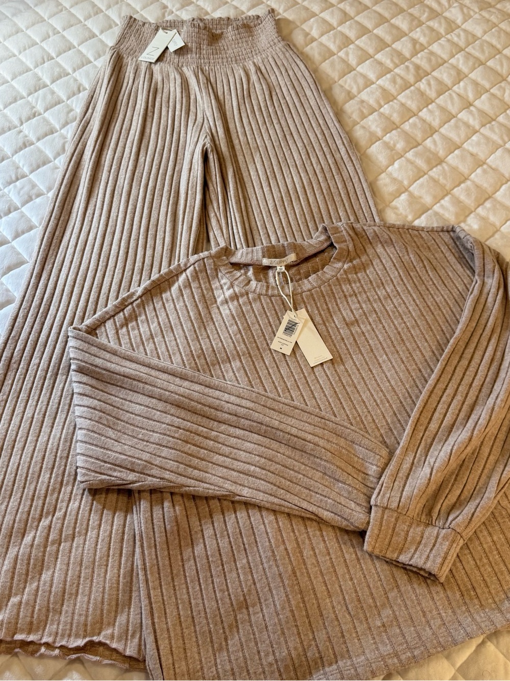NWT Z SUPPLY Z Lounge Dawn Smocked Silky Rib Pant & Top Matching Set Iced Coffee